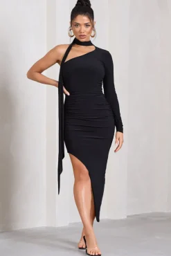 Firestorm | Black Asymmetric One-Sleeved Midi Dress With Scarf