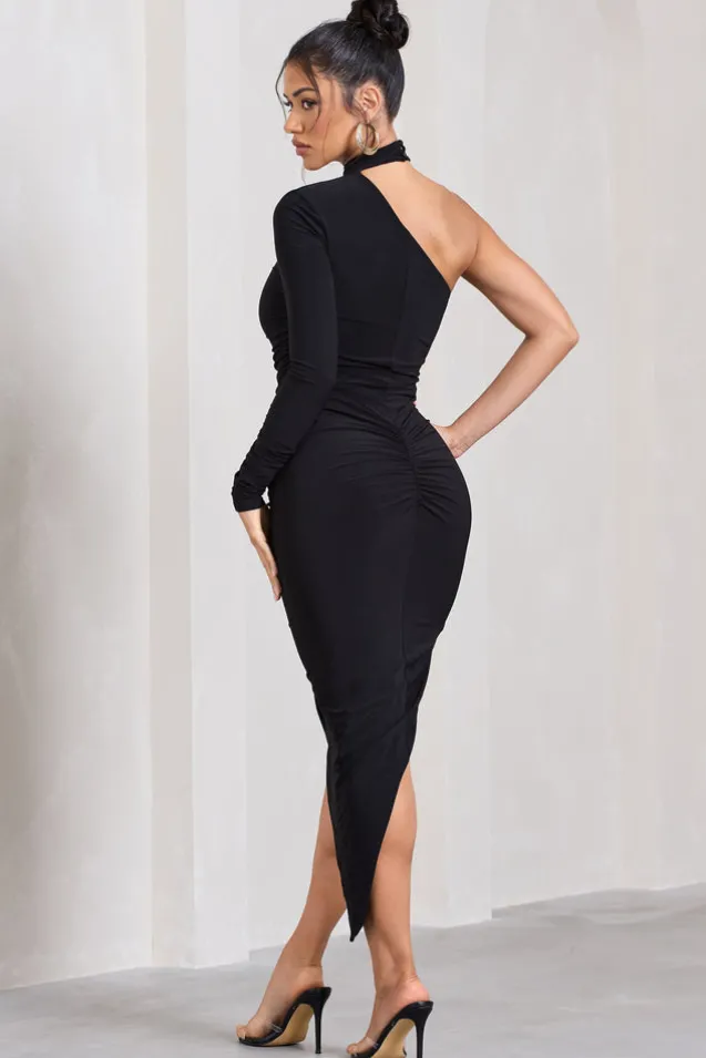 Firestorm | Black Asymmetric One-Sleeved Midi Dress With Scarf