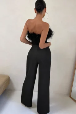 First Class | Black Bandeau Feather Wide Leg Jumpsuit