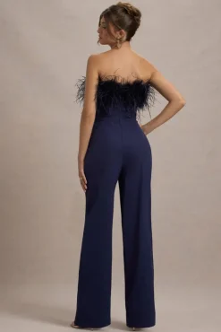 First Class | Navy Bandeau Feather Wide Leg Jumpsuit