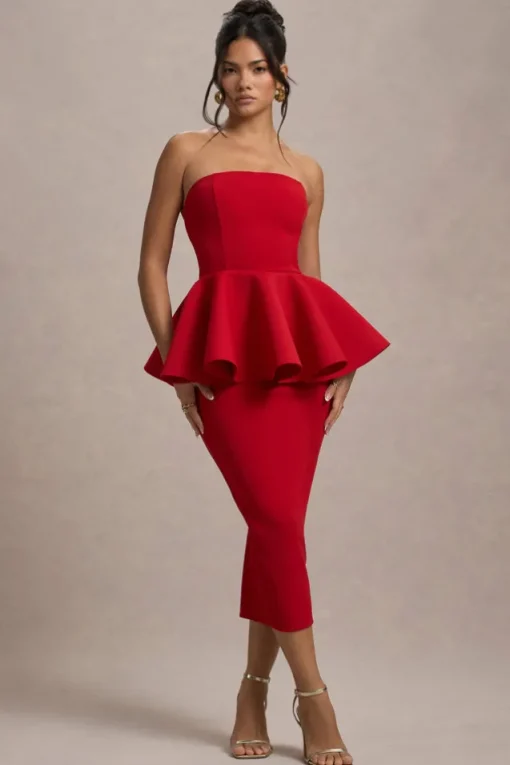 First Dance | Red Bandeau Peplum Midi Dress