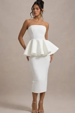 First Dance | White Bandeau Peplum Midi Dress