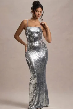 Flashback | Silver Sequin Strappy Maxi Dress