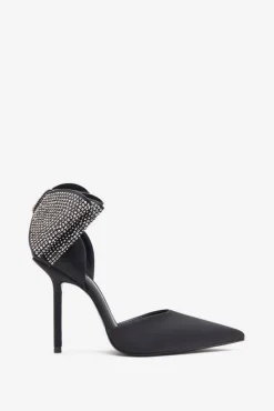 Flashing Lights | Black Satin Pointed Court Heels With Diamante Bows