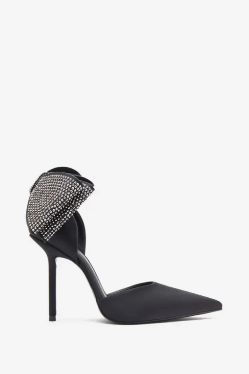 Flashing Lights | Black Satin Pointed Court Heels With Diamante Bows