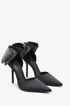 Flashing Lights | Black Satin Pointed Court Heels With Diamante Bows