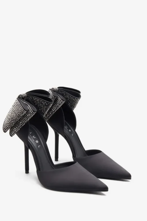 Flashing Lights | Black Satin Pointed Court Heels With Diamante Bows