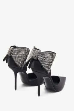 Flashing Lights | Black Satin Pointed Court Heels With Diamante Bows