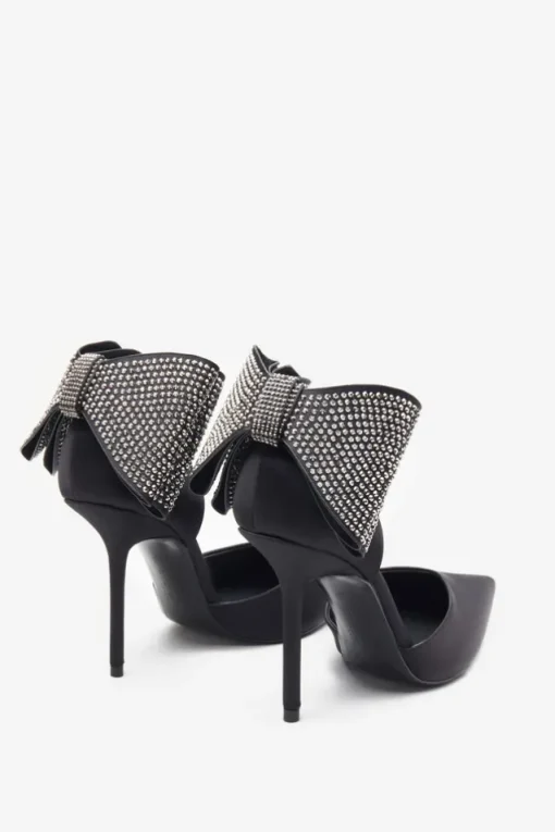 Flashing Lights | Black Satin Pointed Court Heels With Diamante Bows
