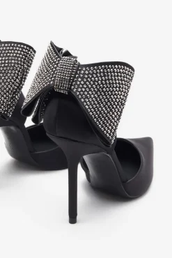 Flashing Lights | Black Satin Pointed Court Heels With Diamante Bows
