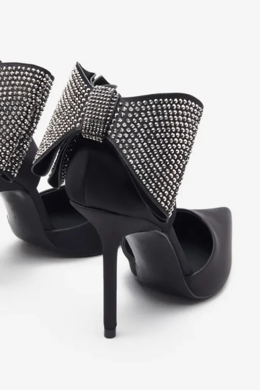 Flashing Lights | Black Satin Pointed Court Heels With Diamante Bows
