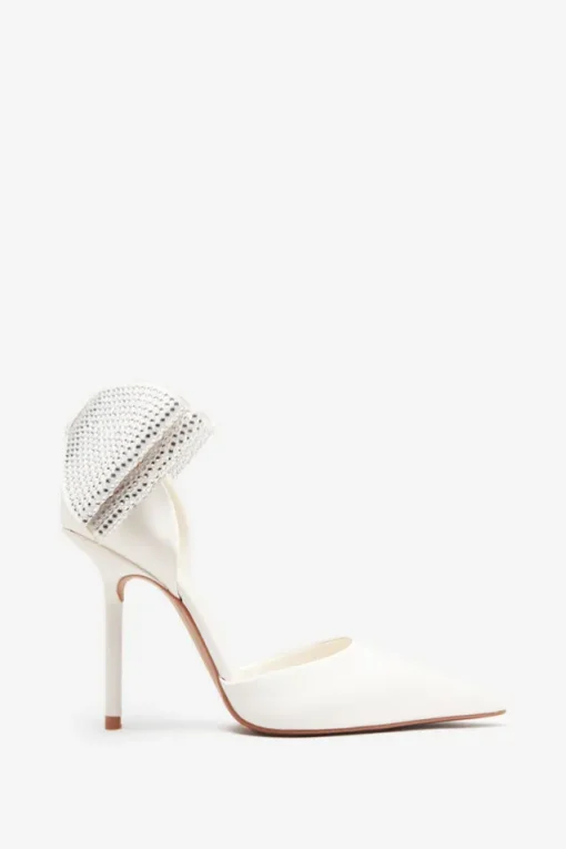 Flashing Lights | Ivory Satin Pointed Court Heels With Diamante Bows