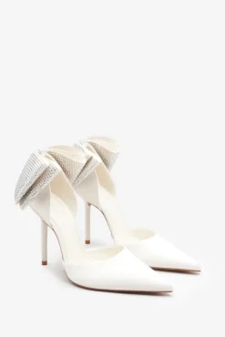 Flashing Lights | Ivory Satin Pointed Court Heels With Diamante Bows