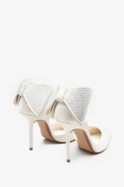 Flashing Lights | Ivory Satin Pointed Court Heels With Diamante Bows