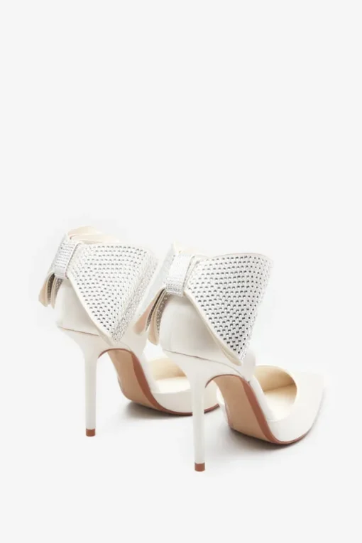 Flashing Lights | Ivory Satin Pointed Court Heels With Diamante Bows