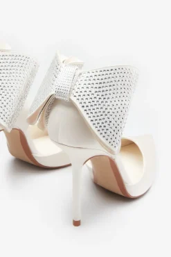 Flashing Lights | Ivory Satin Pointed Court Heels With Diamante Bows