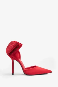 Flashing Lights | Red Satin Pointed Court Heels With Diamante Bows