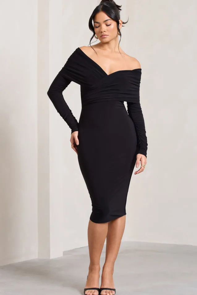 Flatter Me | Black Twist Front Bardot Midi Dress