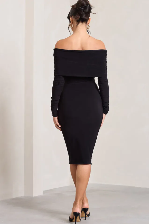 Flatter Me | Black Twist Front Bardot Midi Dress