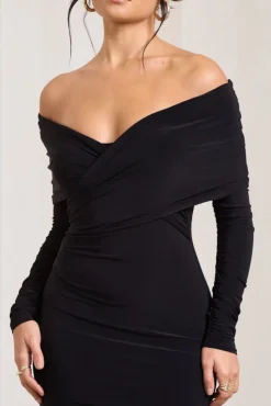 Flatter Me | Black Twist Front Bardot Midi Dress