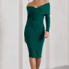 Flatter Me | Bottle Green Twist Front Bardot Midi Dress