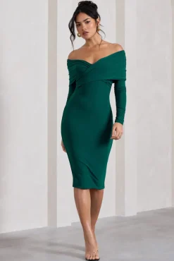 Flatter Me | Bottle Green Twist Front Bardot Midi Dress