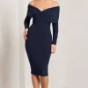 Flatter Me | Navy Twist Front Bardot Midi Dress