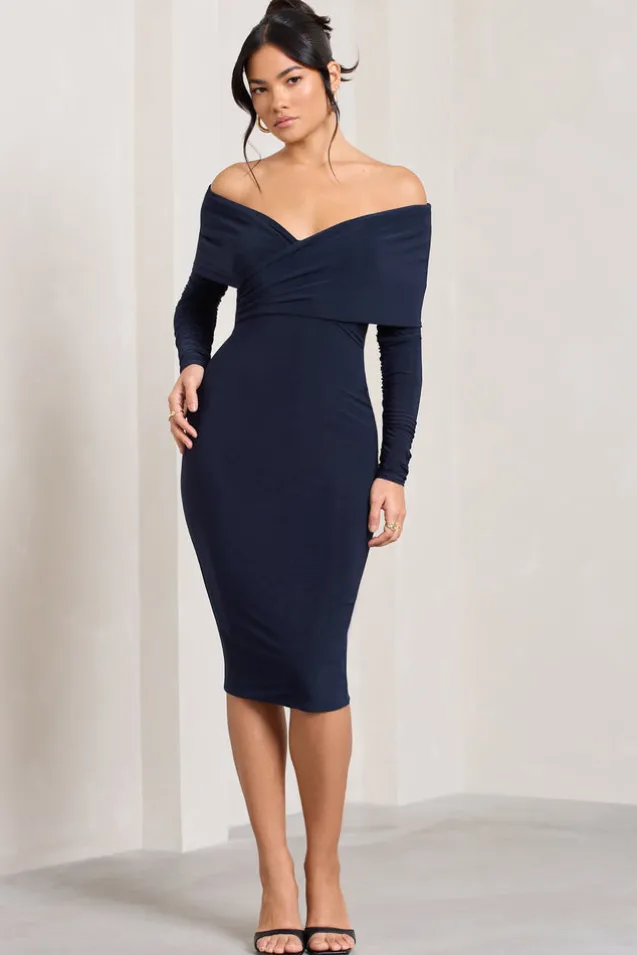 Flatter Me | Navy Twist Front Bardot Midi Dress