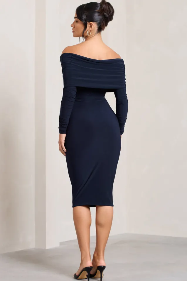 Flatter Me | Navy Twist Front Bardot Midi Dress