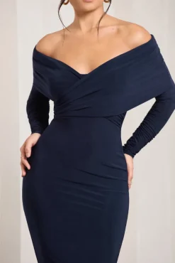 Flatter Me | Navy Twist Front Bardot Midi Dress
