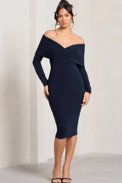 Flatter Me | Navy Twist Front Bardot Midi Dress