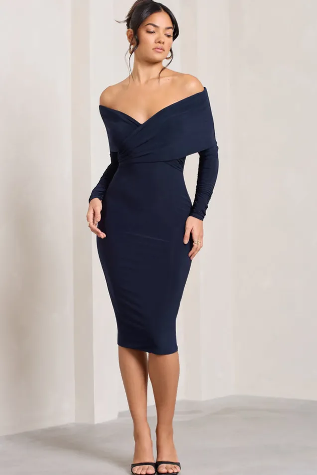 Flatter Me | Navy Twist Front Bardot Midi Dress
