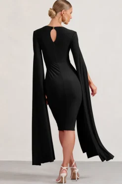 Flawless | Black Square Neck Midi Dress With Cape Sleeves