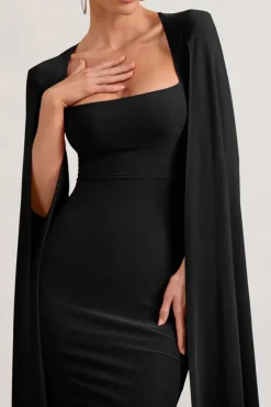 Flawless | Black Square Neck Midi Dress With Cape Sleeves