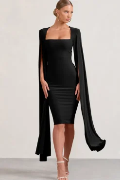 Flawless | Black Square Neck Midi Dress With Cape Sleeves