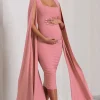 Flawless | Blush Pink Maternity Square Neck Midi Dress With Cape Sleeves