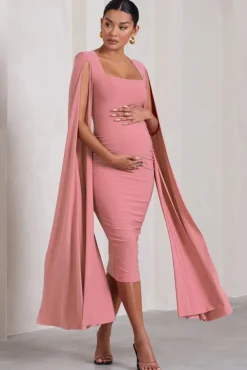 Flawless | Blush Pink Maternity Square Neck Midi Dress With Cape Sleeves