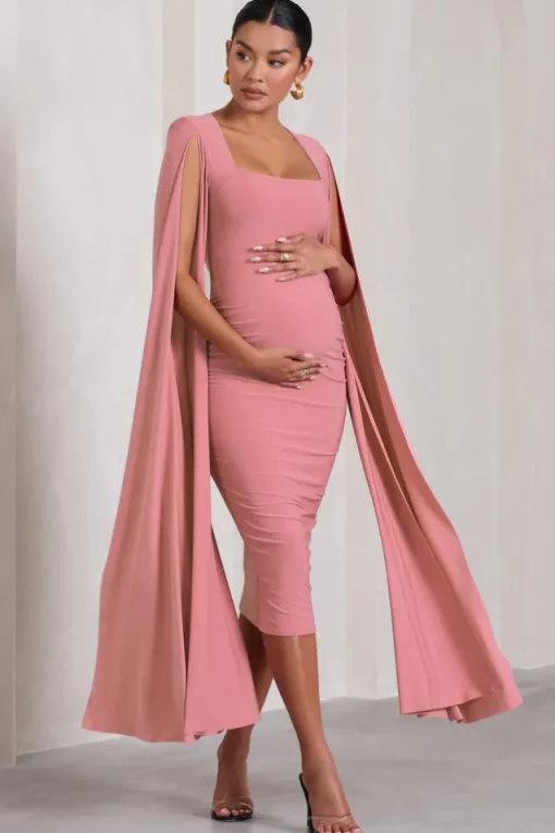 Flawless | Blush Pink Maternity Square Neck Midi Dress With Cape Sleeves