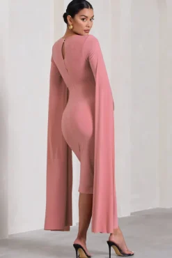 Flawless | Blush Pink Maternity Square Neck Midi Dress With Cape Sleeves