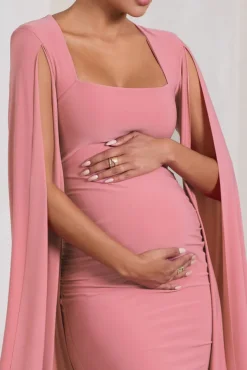 Flawless | Blush Pink Maternity Square Neck Midi Dress With Cape Sleeves
