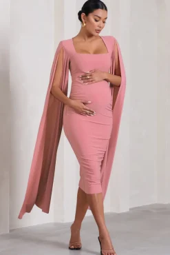 Flawless | Blush Pink Maternity Square Neck Midi Dress With Cape Sleeves