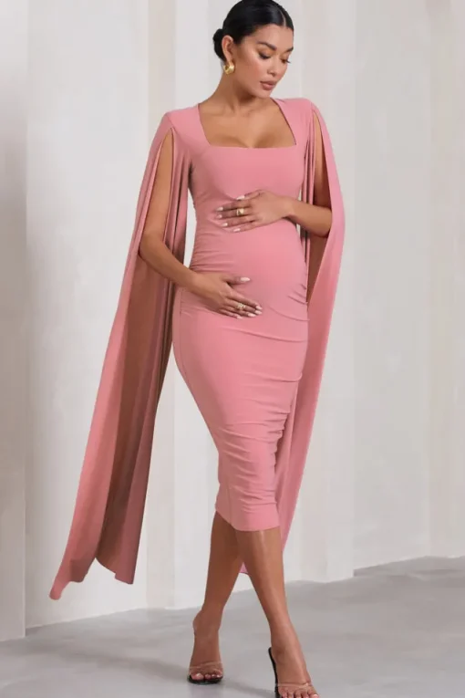 Flawless | Blush Pink Maternity Square Neck Midi Dress With Cape Sleeves