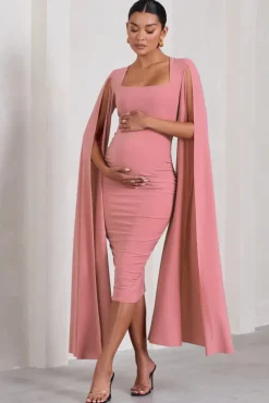Flawless | Blush Pink Maternity Square Neck Midi Dress With Cape Sleeves