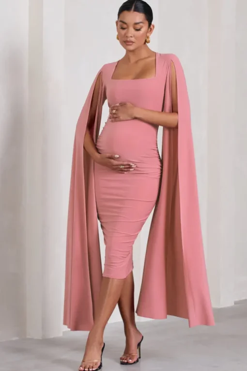 Flawless | Blush Pink Maternity Square Neck Midi Dress With Cape Sleeves