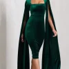 Flawless | Bottle Green Velvet Square Neck Midi Dress With Cape Sleeves