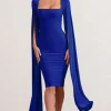 Flawless | Cobalt Blue Square Neck Midi Dress With Cape Sleeves