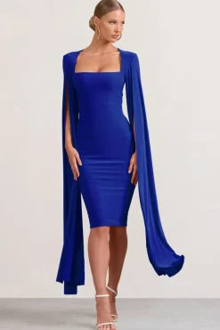 Flawless | Cobalt Blue Square Neck Midi Dress With Cape Sleeves