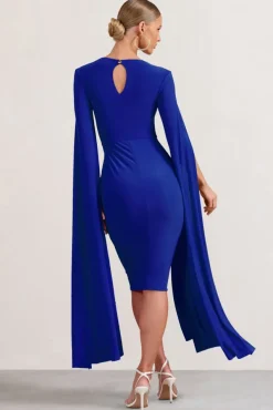 Flawless | Cobalt Blue Square Neck Midi Dress With Cape Sleeves