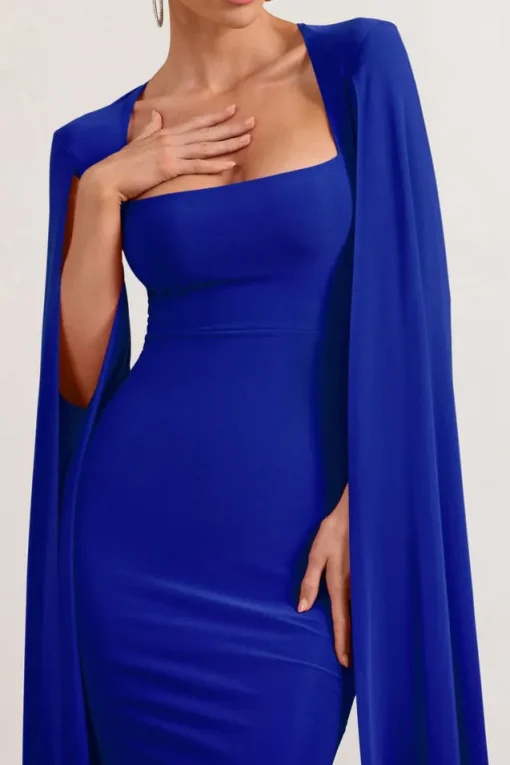 Flawless | Cobalt Blue Square Neck Midi Dress With Cape Sleeves