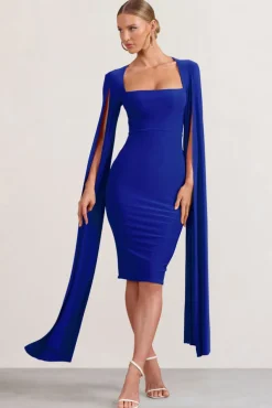 Flawless | Cobalt Blue Square Neck Midi Dress With Cape Sleeves